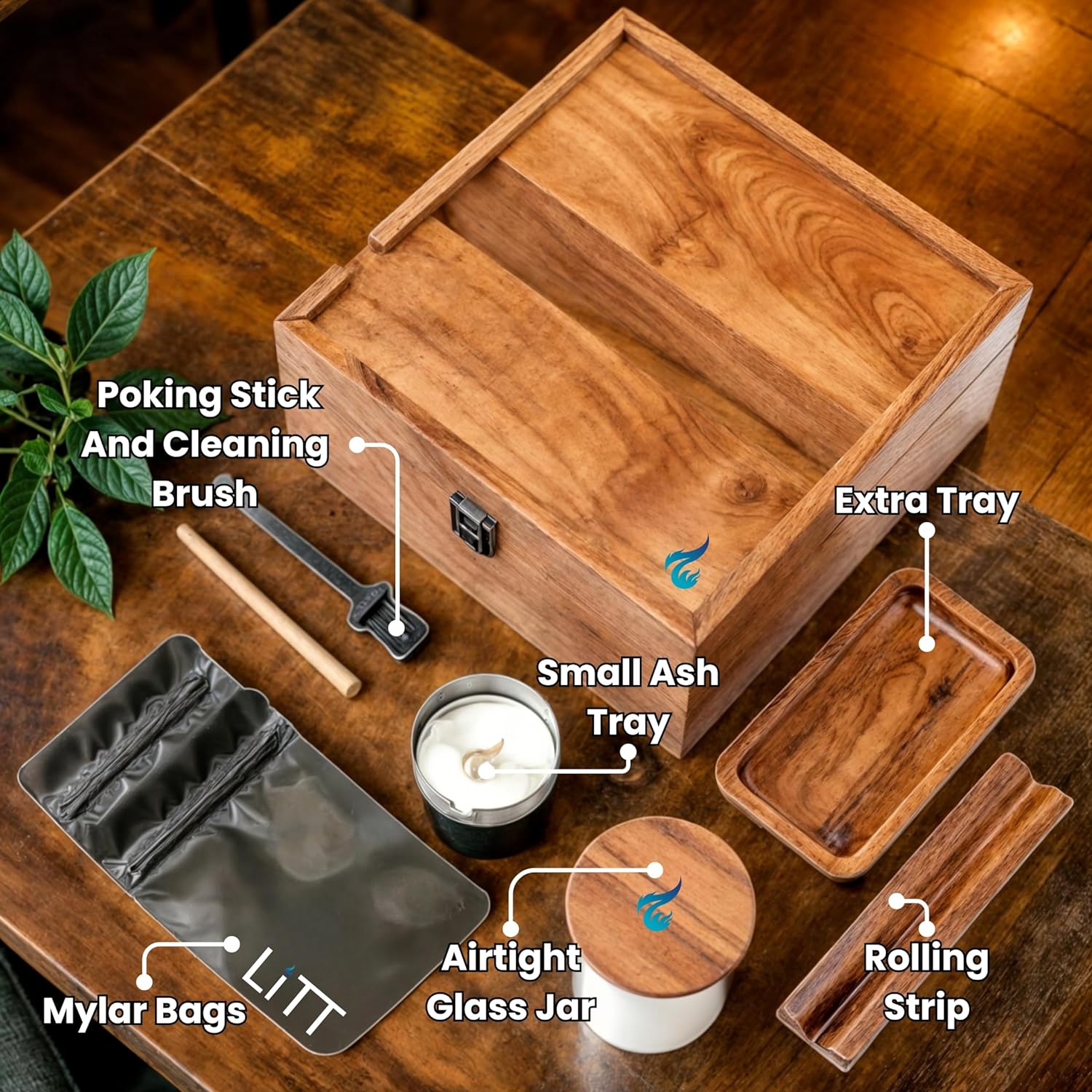 LITT Wooden Stash Box bundle with built in Rolling Tray set with accessories