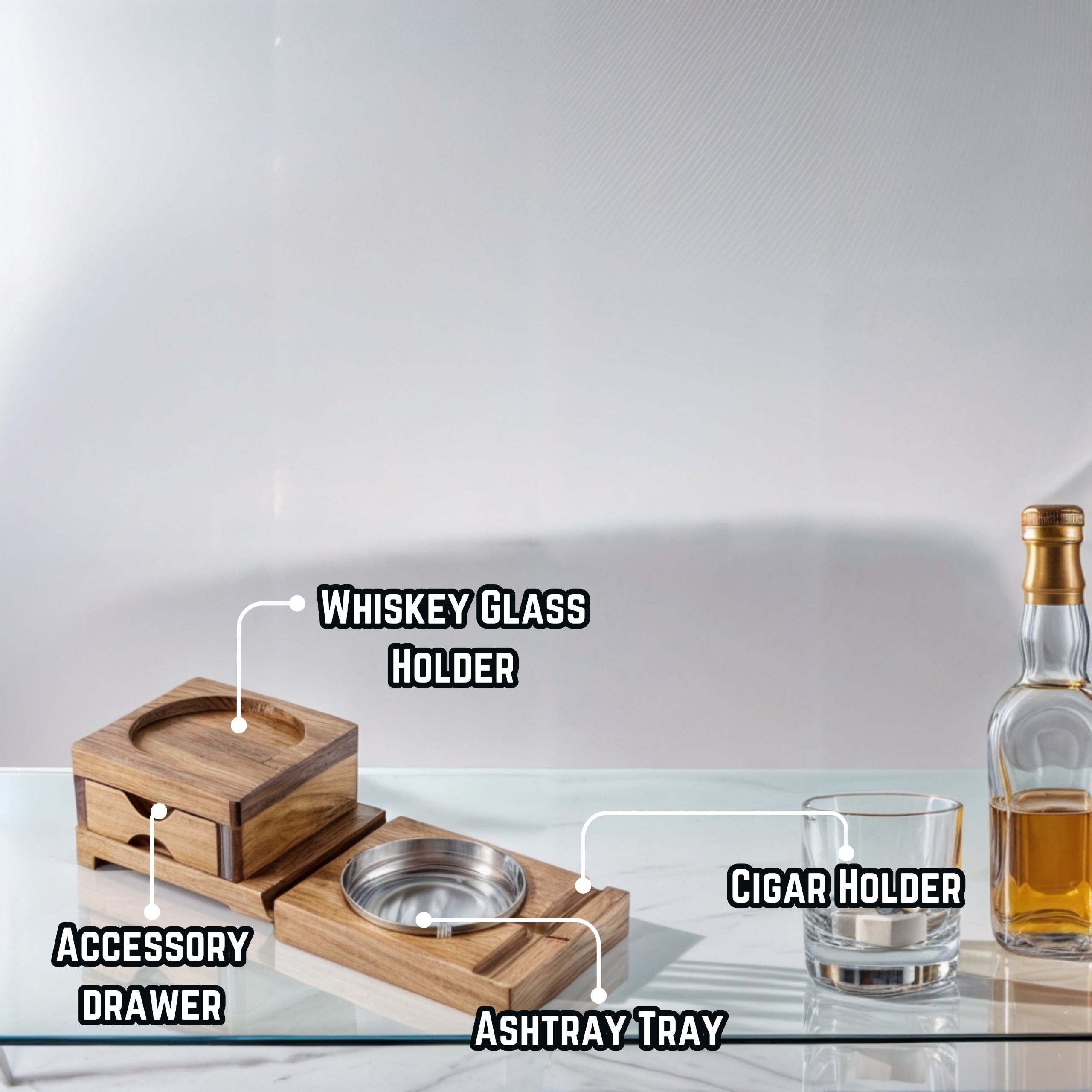 LITT - Dual Function Wooden Tray for Whisky Glasses and Cigar Holder