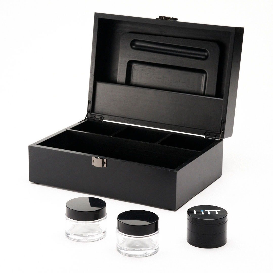 LITT Rolling Stash Box Set - With Rolling Tray, 2 Glass Storage Jars and Herb Grinder