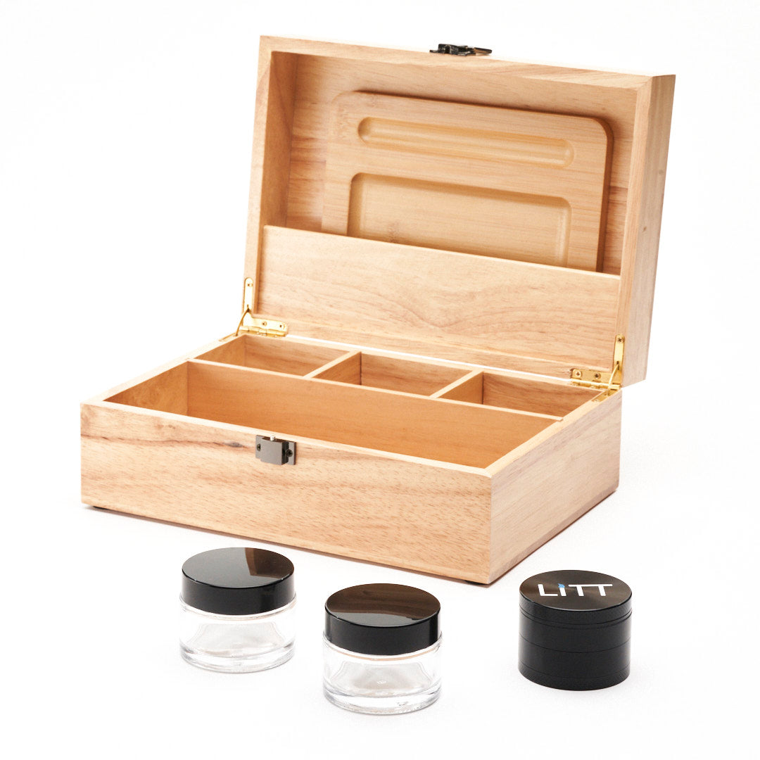 LITT Rolling Stash Box Set - With Rolling Tray, 2 Glass Storage Jars and Herb Grinder